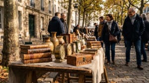 Stand de brocante en extérieur avec des livres anciens, des horloges et des objets en bois, avec des passants en arrière.
