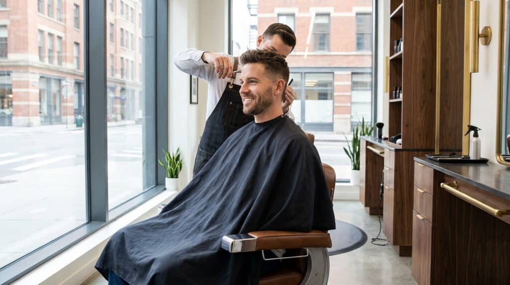 Un barbier professionnel coupe les cheveux d'un client souriant dans un salon moderne et lumineux à Boulogne-Billancourt.
