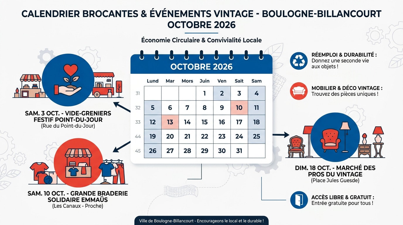 Affiche du calendrier des brocantes à Boulogne-Billancourt pour octobre 2026