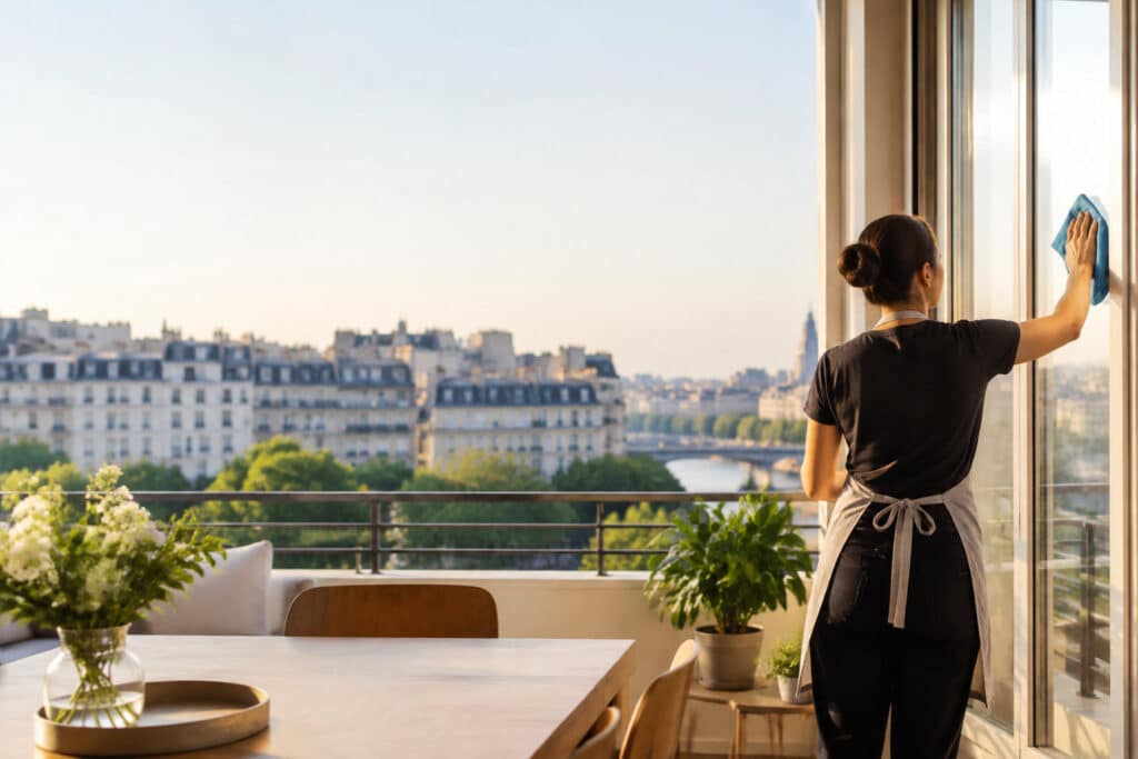 Une femme de ménage en tablier nettoie une grande baie vitrée donnant sur une vue panoramique urbaine ensoleillée.