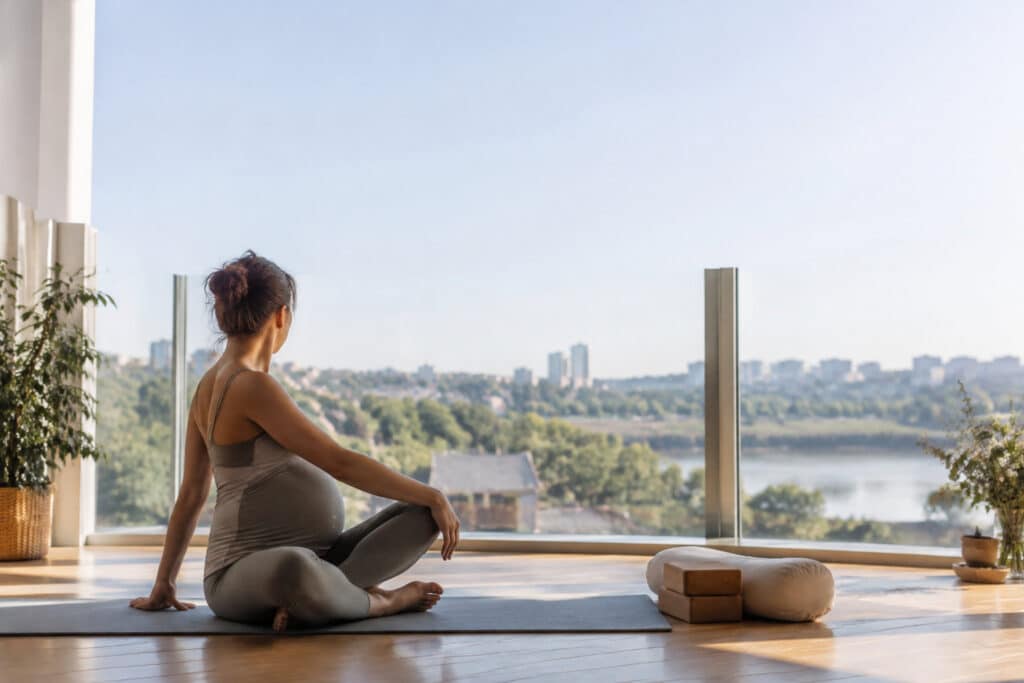 Femme enceinte pratiquant le yoga sur un tapis face à une grande baie vitrée avec vue sur la ville.
