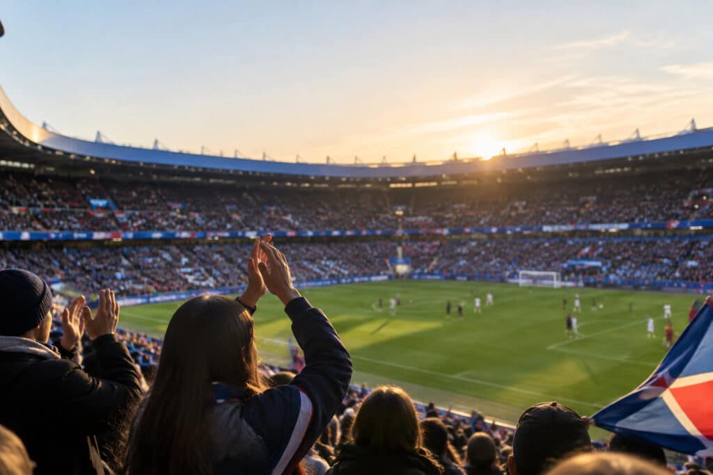 Spectateurs applaudissant dans les tribunes du Parc des Princes lors d'un match de football féminin au coucher du soleil.