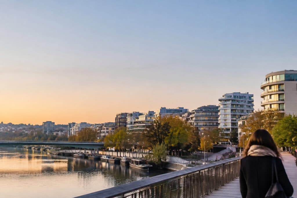Vue de dos d'une personne marchant sur un pont face à la Seine et aux immeubles modernes de Boulogne-Billancourt au crépuscule.