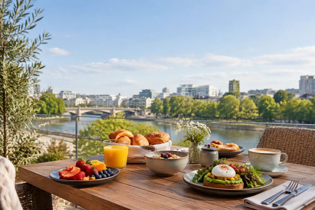 Un brunch gourmand sur une terrasse en bois face à la Seine avec une vue panoramique sur les immeubles de Boulogne.