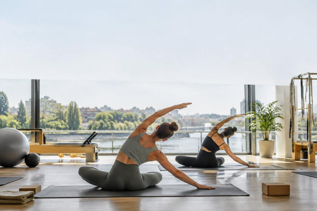 Deux femmes pratiquent des étirements Pilates sur des tapis dans un studio lumineux avec vue panoramique sur une rivière.