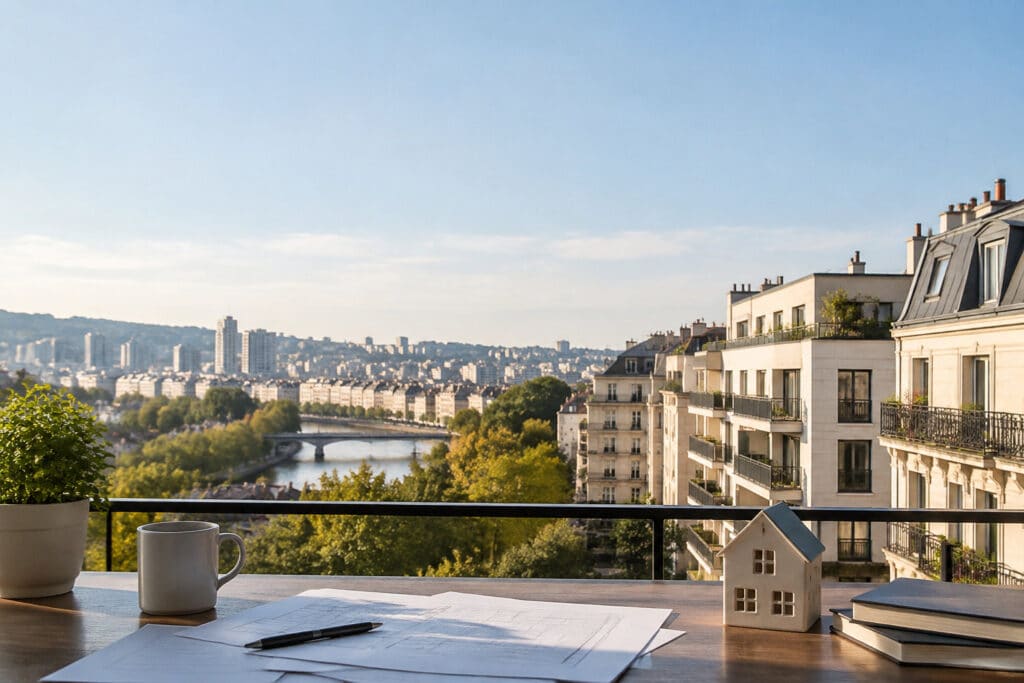 Vue d'un balcon à Boulogne avec des plans d'architecte, une tasse de café et une figurine de maison sur une table.