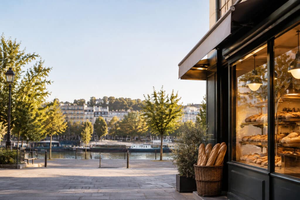Devanture d'une boulangerie avec un panier de baguettes, vue sur une rivière avec des arbres et des immeubles en fond.