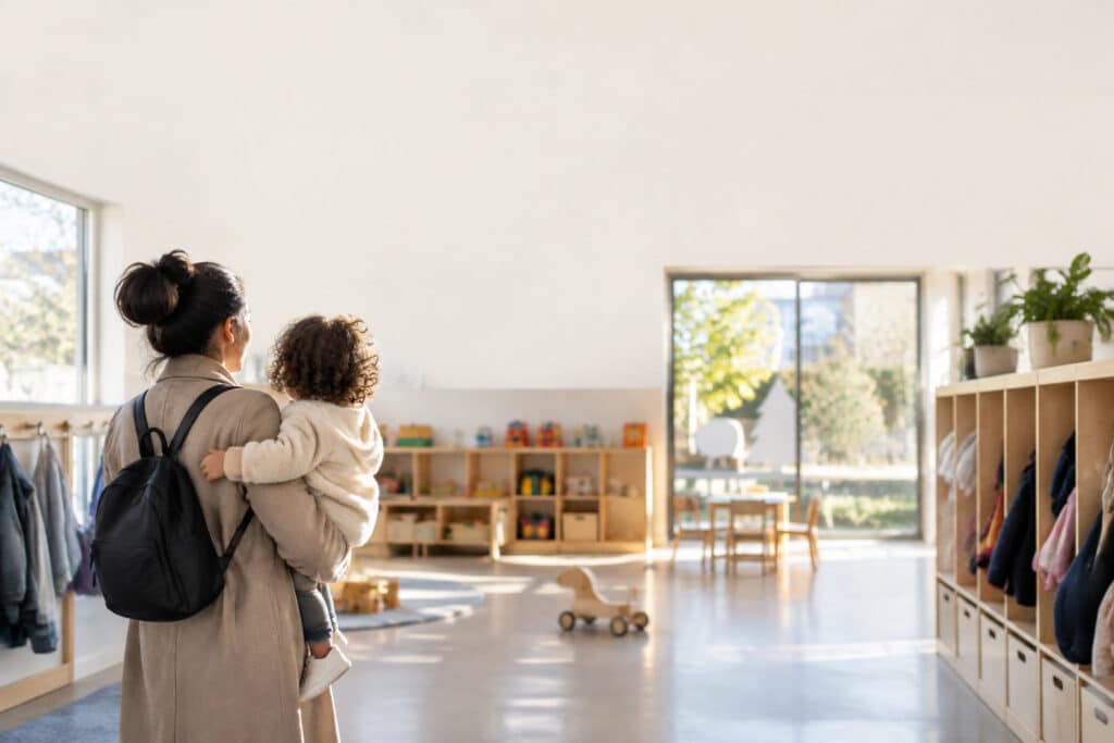 Une mère portant son jeune enfant découvre l'intérieur d'une crèche lumineuse et moderne.