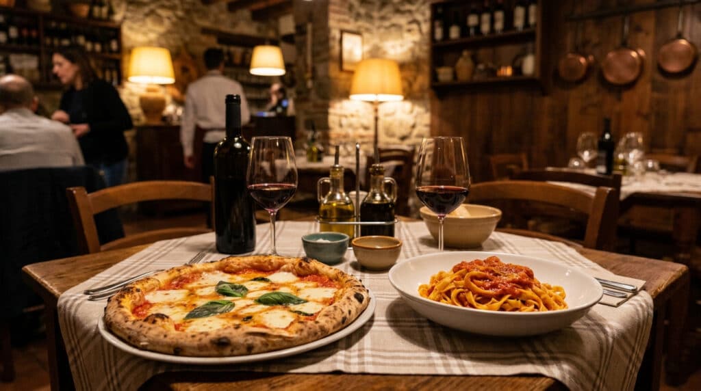 Table dressée avec une pizza margherita et des pâtes à la sauce tomate dans un restaurant italien chaleureux.