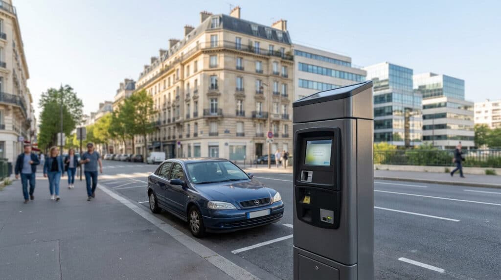 Horodateur moderne gris sur un trottoir à Boulogne-Billancourt avec des piétons et une voiture garée en arrière-plan.
