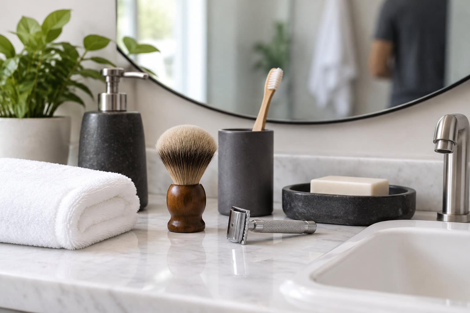 Un rasoir, un blaireau, une brosse à dents, un savon, un distributeur et une serviette sont posés sur un lavabo en marbre, avec une plante à côté.