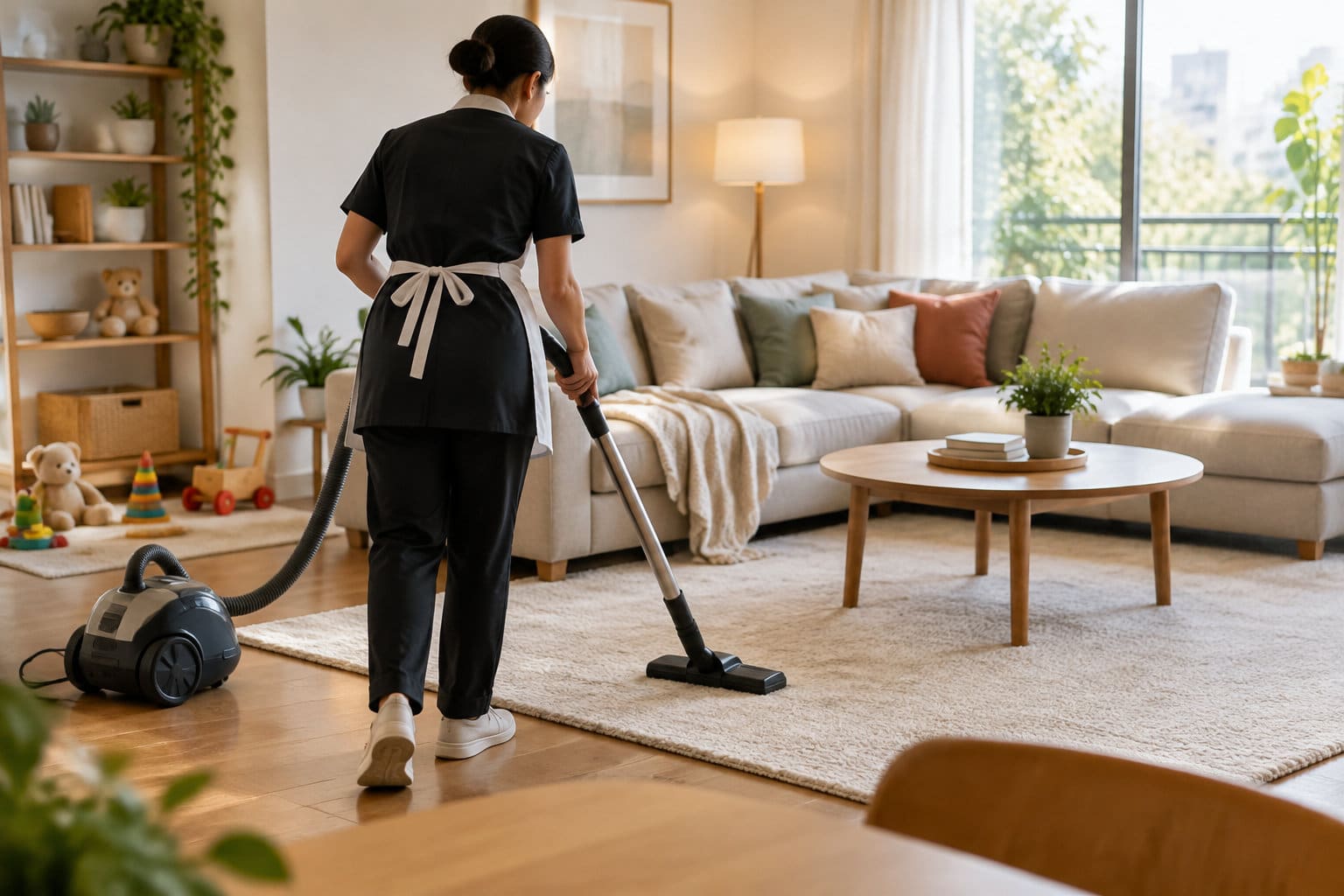 Une femme en tenue noire passe l’aspirateur sur un tapis dans un salon lumineux.