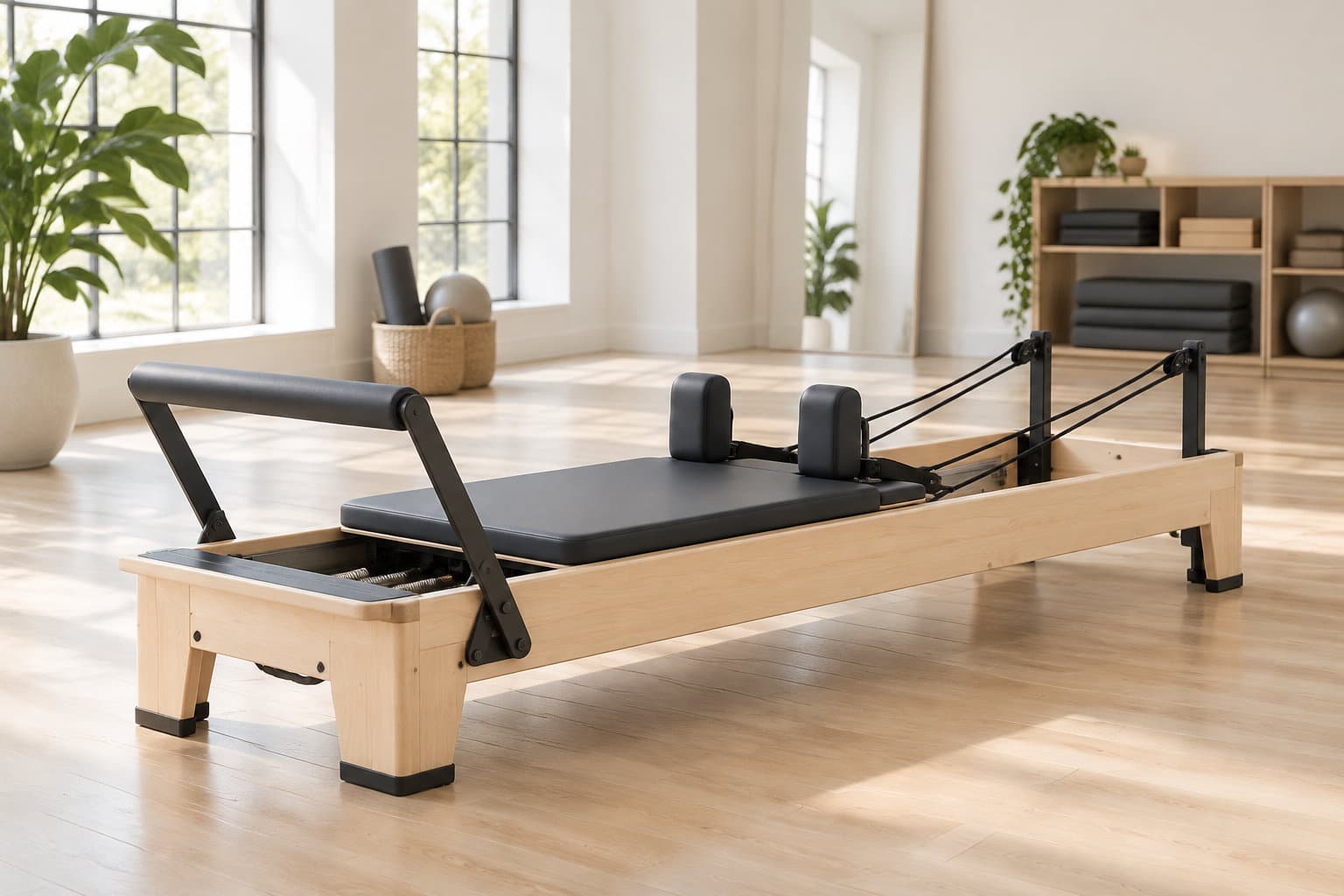 Un appareil de Pilates en bois avec un chariot rembourré et des sangles est installé dans une salle lumineuse, près de plantes et d’étagères garnies de matériel de sport.