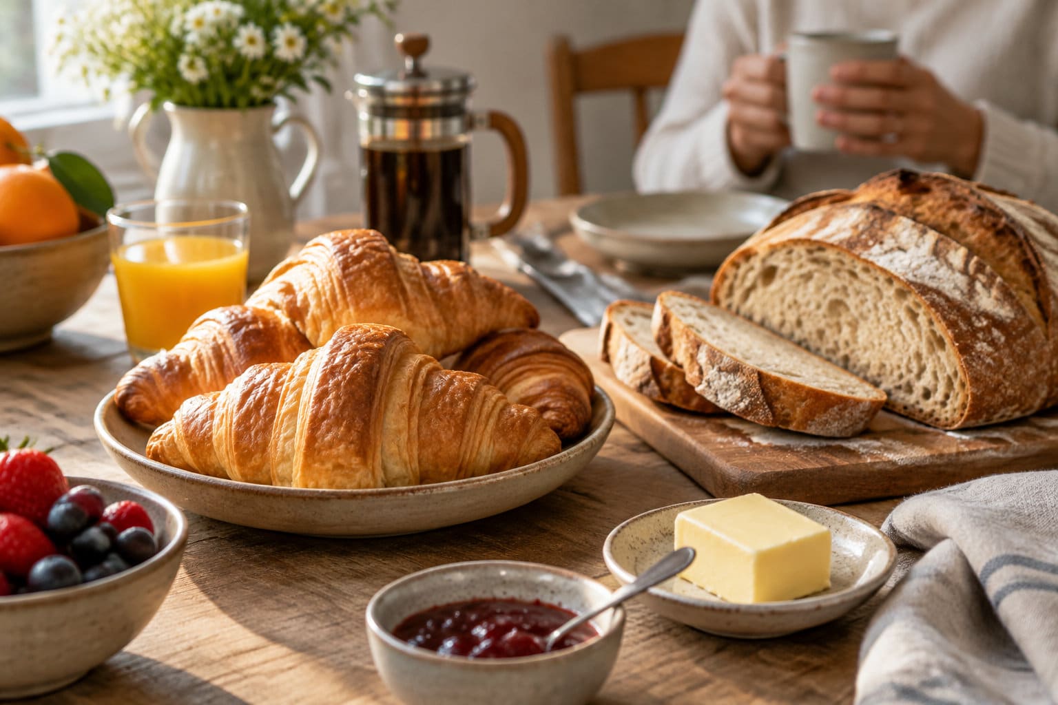 Une table de petit-déjeuner garnie de croissants, de pain tranché, de beurre, de confiture, de fruits rouges et d’un verre de jus d’orange, avec une personne tenant une tasse en arrière-plan.