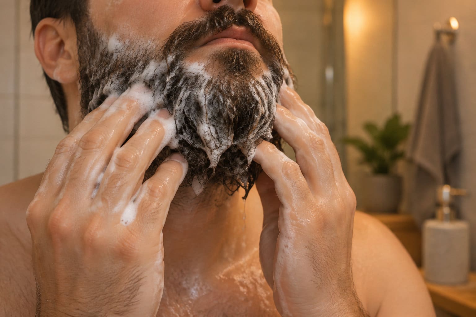 Un homme se masse la barbe couverte de mousse dans une salle de bains.