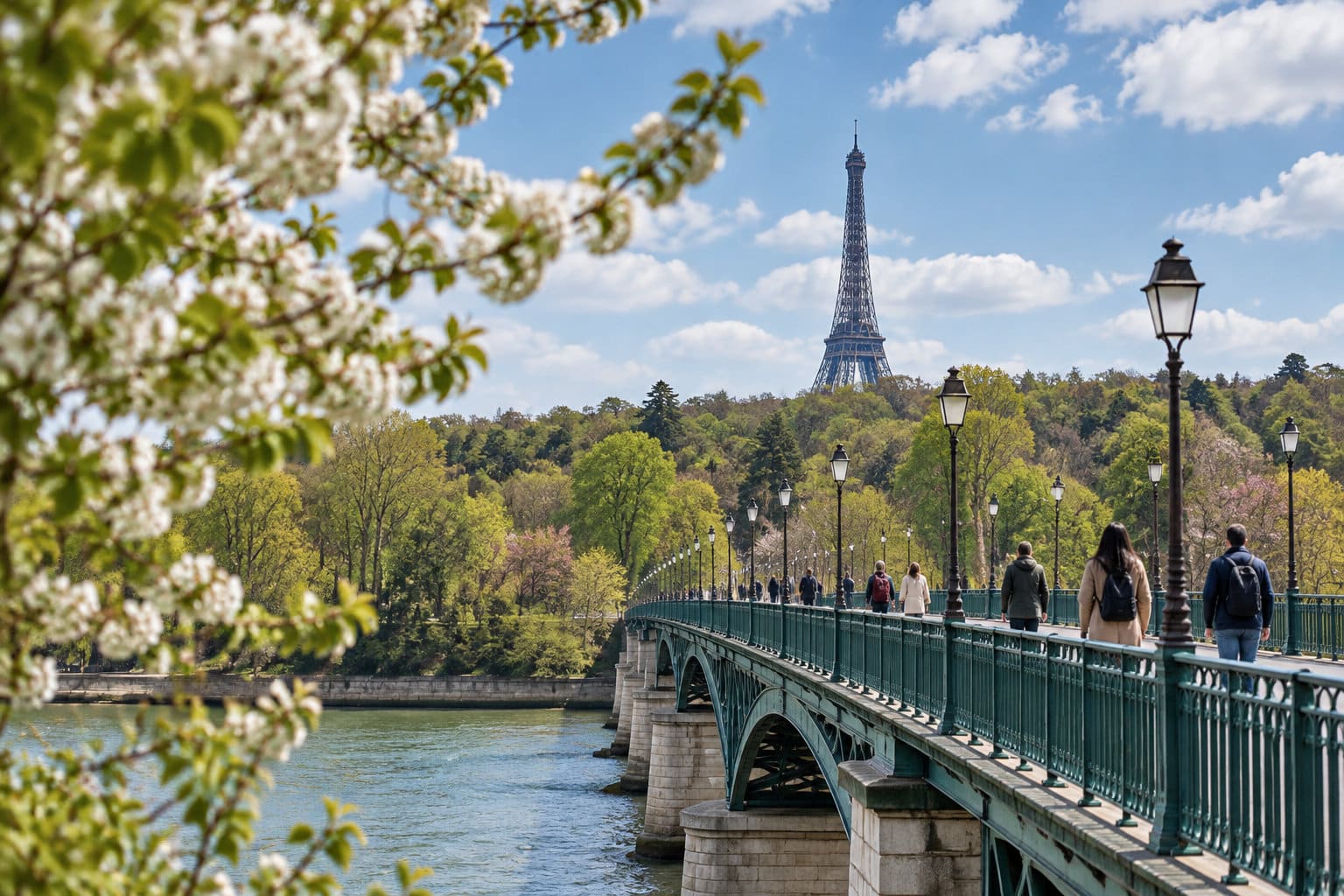 Des piétons traversent un pont bordé de réverbères au-dessus d’une rivière, avec la tour Eiffel visible au loin et des branches fleuries au premier plan.