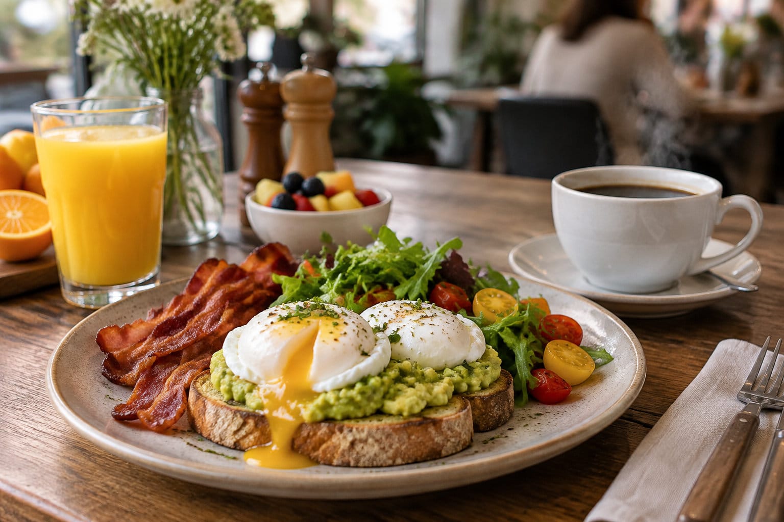 Une assiette de tartines à l’avocat garnies d’œufs pochés accompagne du bacon, une salade de tomates, un jus d’orange, un bol de fruits et une tasse de café sur une table en bois.