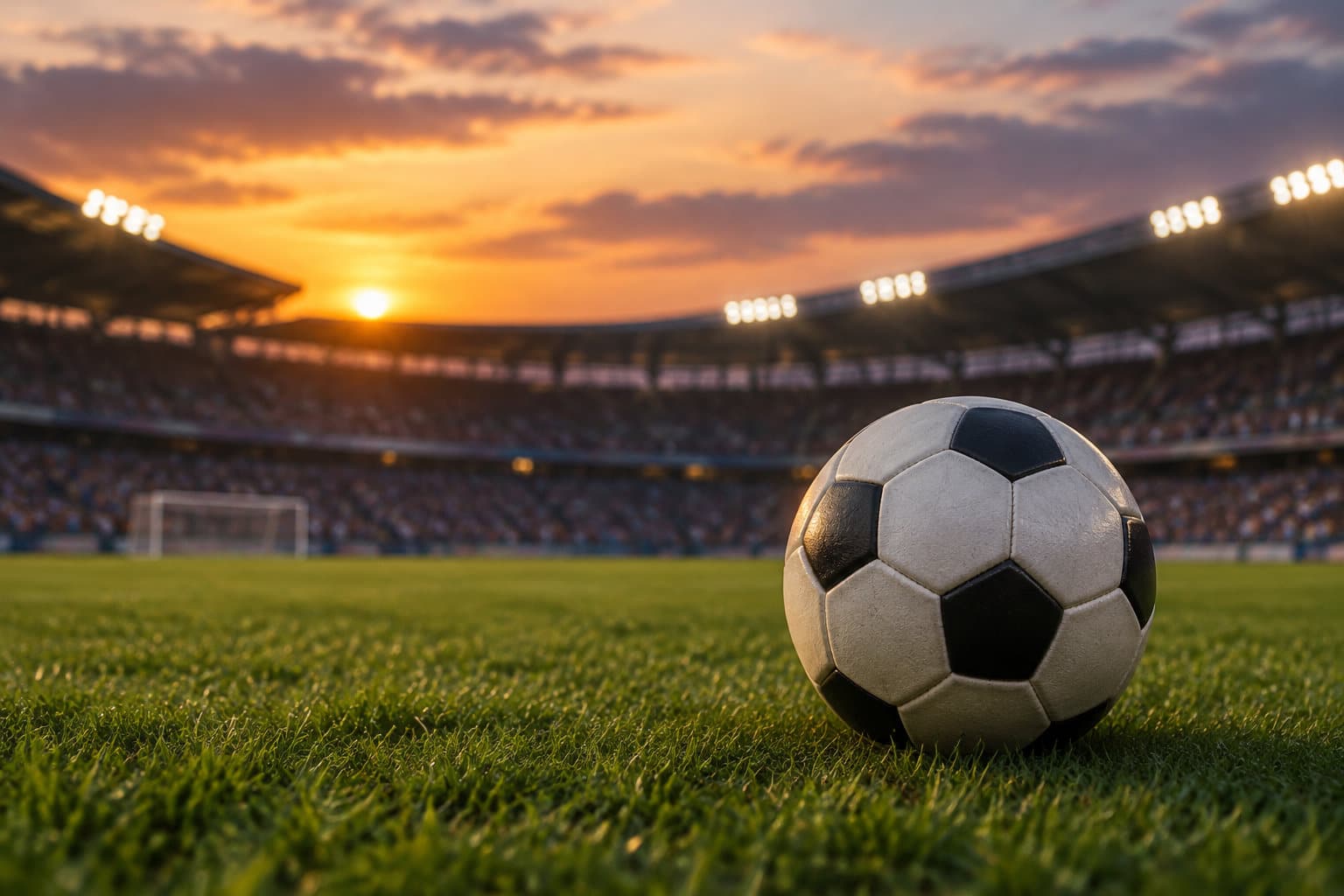 Un ballon de football repose sur la pelouse d’un stade éclairé au coucher du soleil.