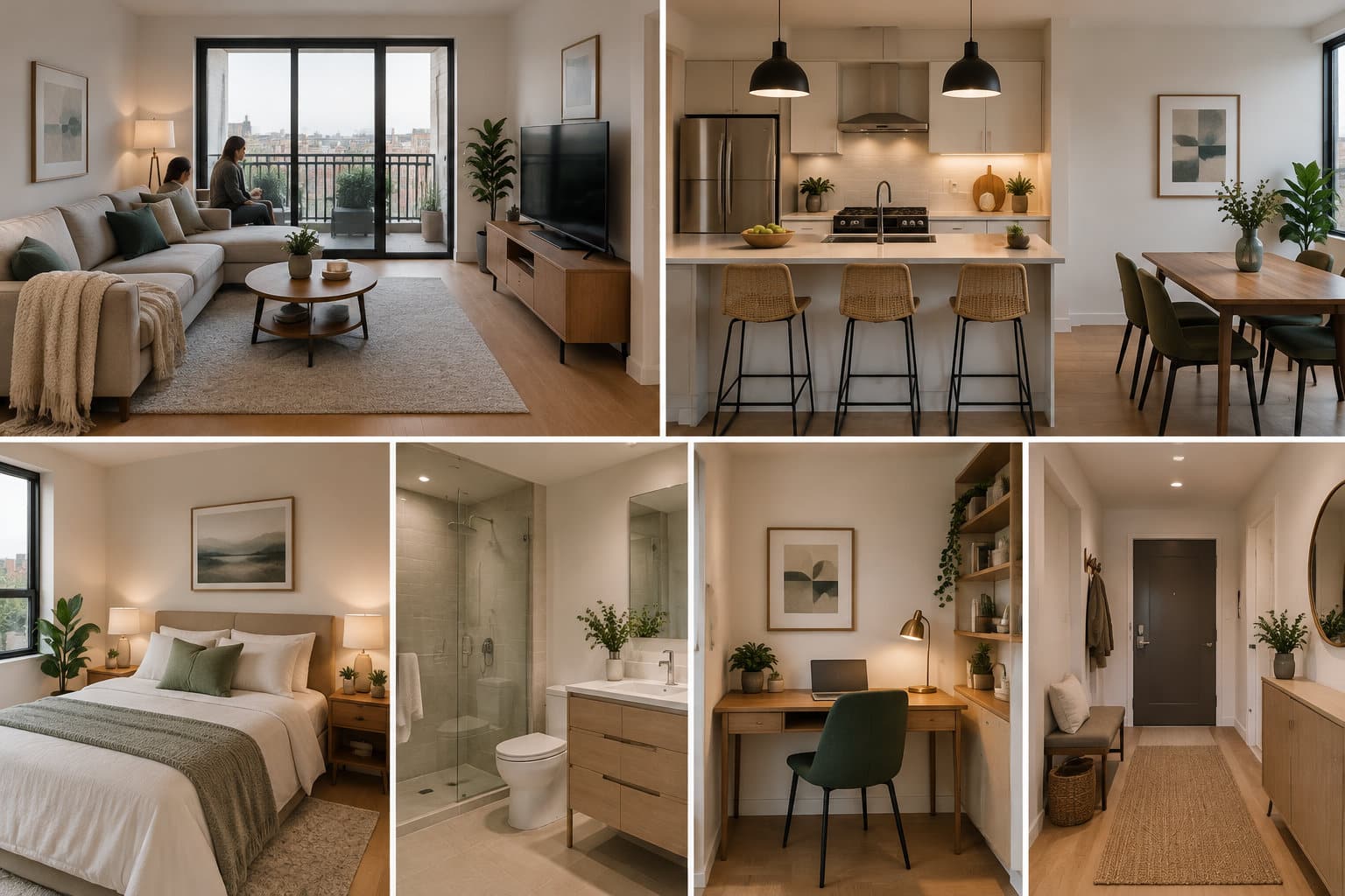 Montage de différentes pièces d’un appartement aménagé, avec salon, cuisine ouverte, salle à manger, chambre, salle de bains, bureau et entrée.
