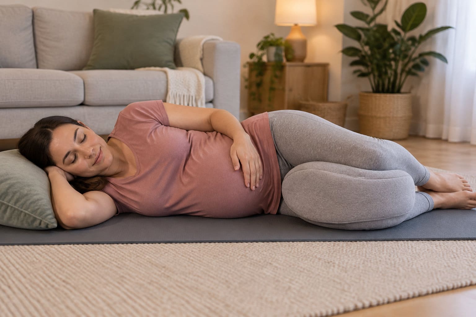 Une femme enceinte, vêtue d’un haut rose et d’un pantalon gris, est allongée sur le côté sur un tapis dans un salon.