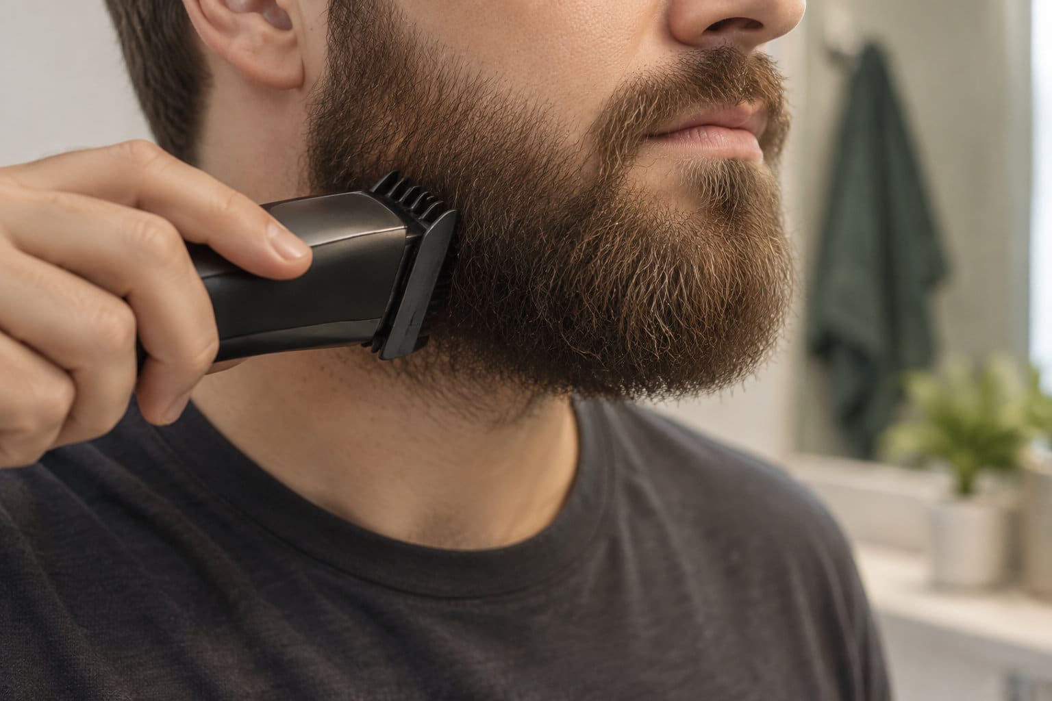 Un homme taille sa barbe avec une tondeuse électrique noire.