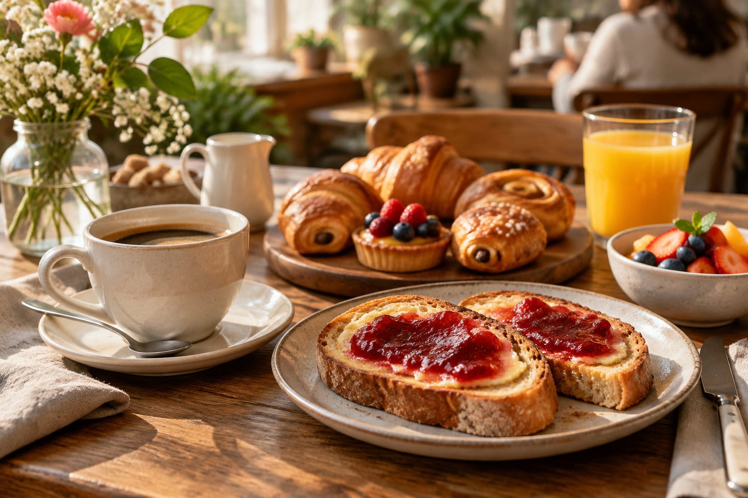 Un petit-déjeuner composé d’une tasse de café, de tartines à la confiture, de viennoiseries, de fruits rouges et d’un verre de jus d’orange est servi sur une table en bois, près d’un vase de fleurs.