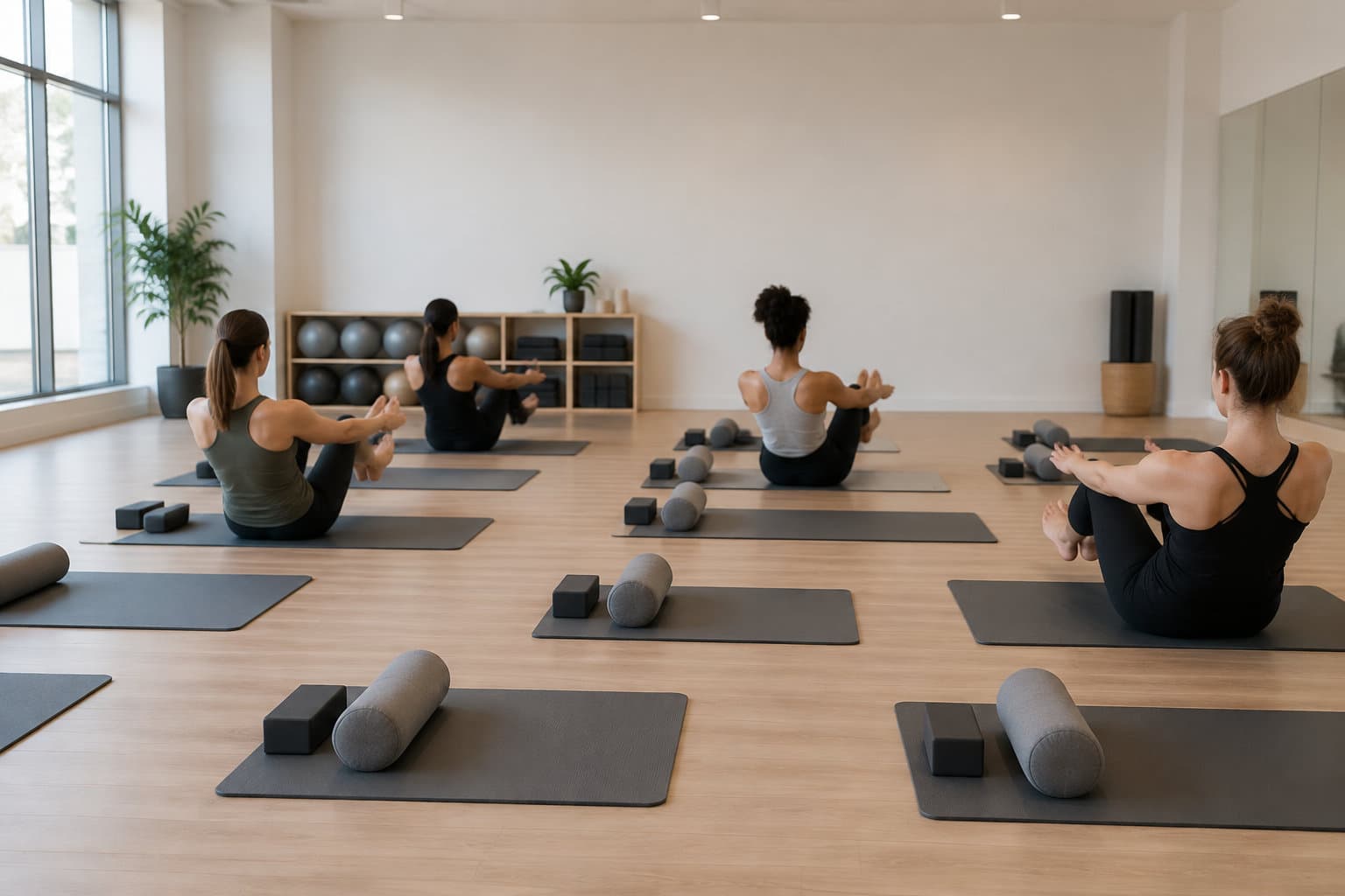 Plusieurs femmes assises sur des tapis exécutent une posture d’équilibre dans une salle de yoga équipée de blocs et de traversins.