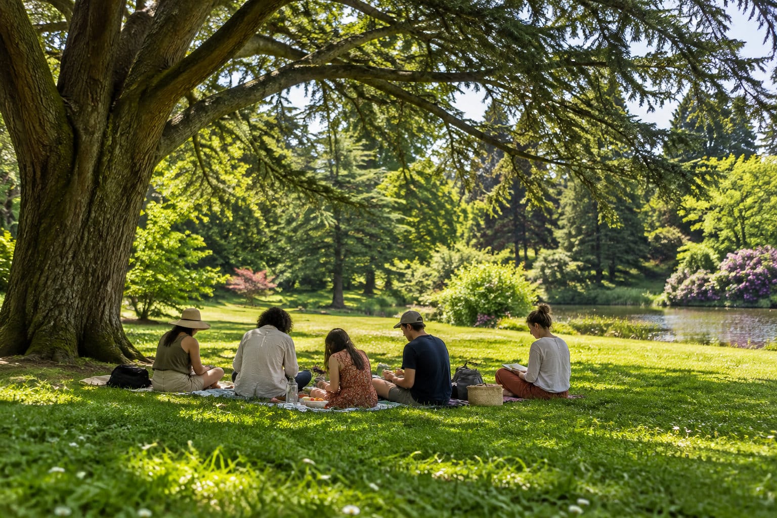 Cinq personnes assises sur une couverture pique-niquent sous un grand arbre, dans un parc verdoyant près d’un étang.
