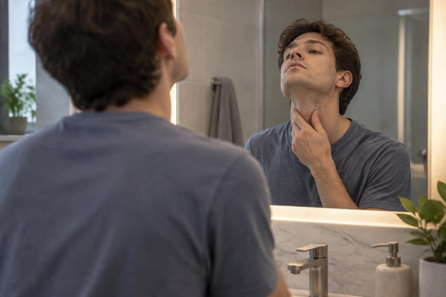 Un homme en tee-shirt se regarde dans le miroir de la salle de bains en palpant son cou.