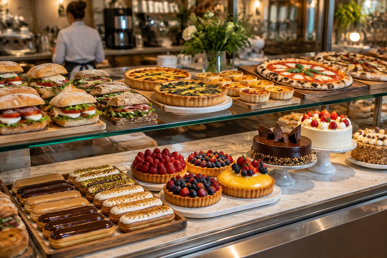 Une vitrine de boulangerie présente des sandwichs, des pizzas, des tartes et des pâtisseries, tandis qu’une personne se tient derrière le comptoir.
