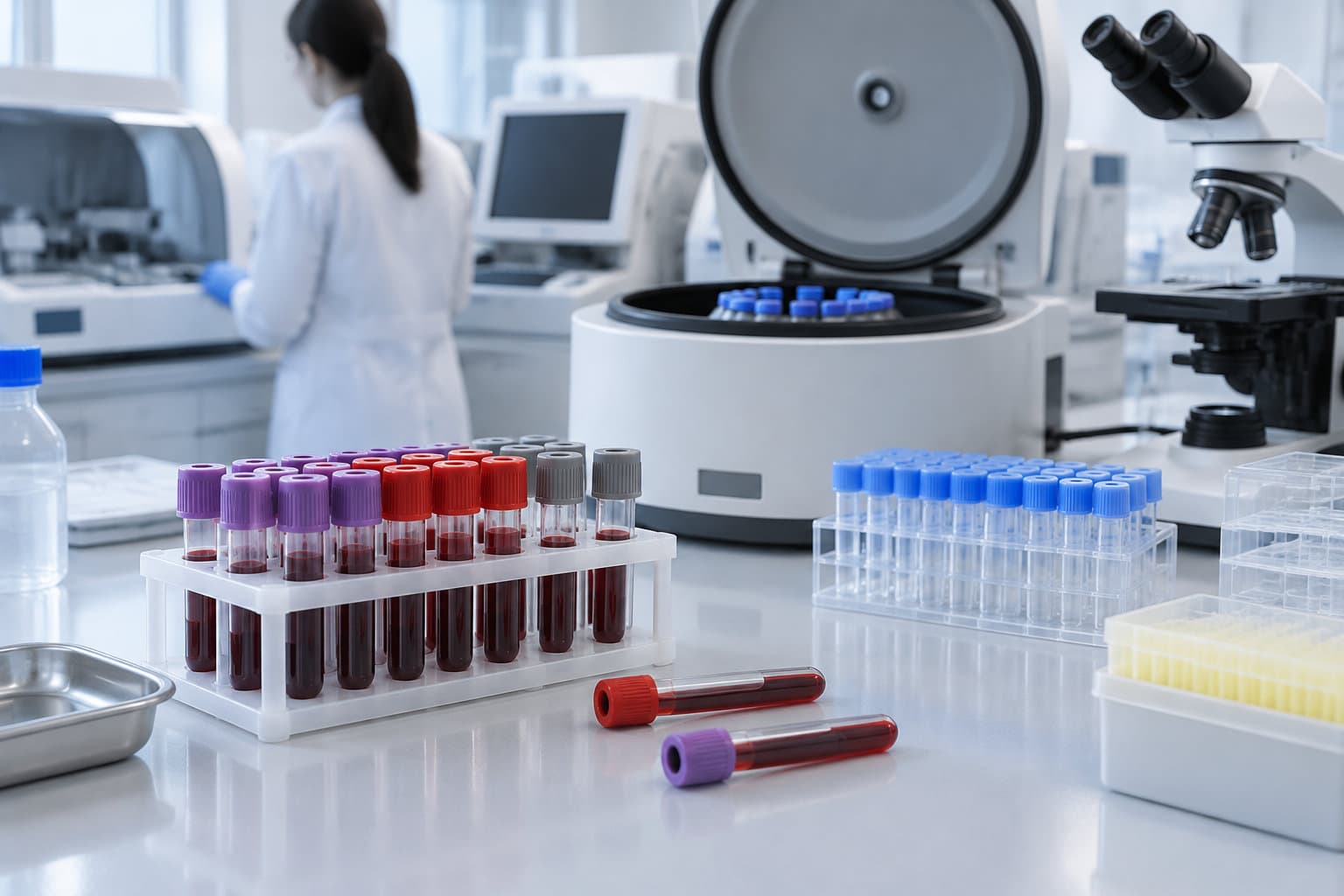 Des tubes contenant des échantillons sanguins sont disposés dans des racks sur une paillasse de laboratoire, devant une centrifugeuse et un microscope.