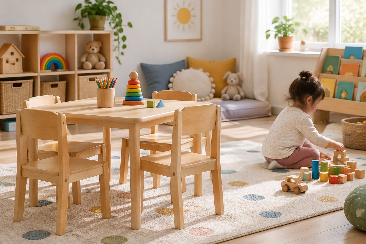 Une petite fille joue avec des blocs en bois colorés dans une salle de jeux lumineuse, aménagée avec une table, des chaises et des jouets.