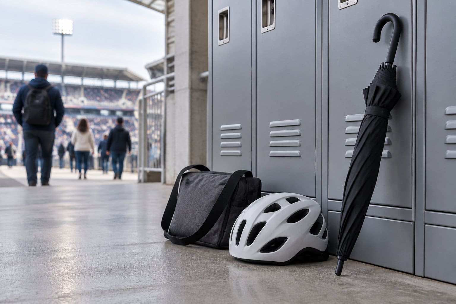 Un casque de vélo, un sac et un parapluie sont posés devant des casiers, près de l’entrée d’un stade où des spectateurs se dirigent vers les tribunes.