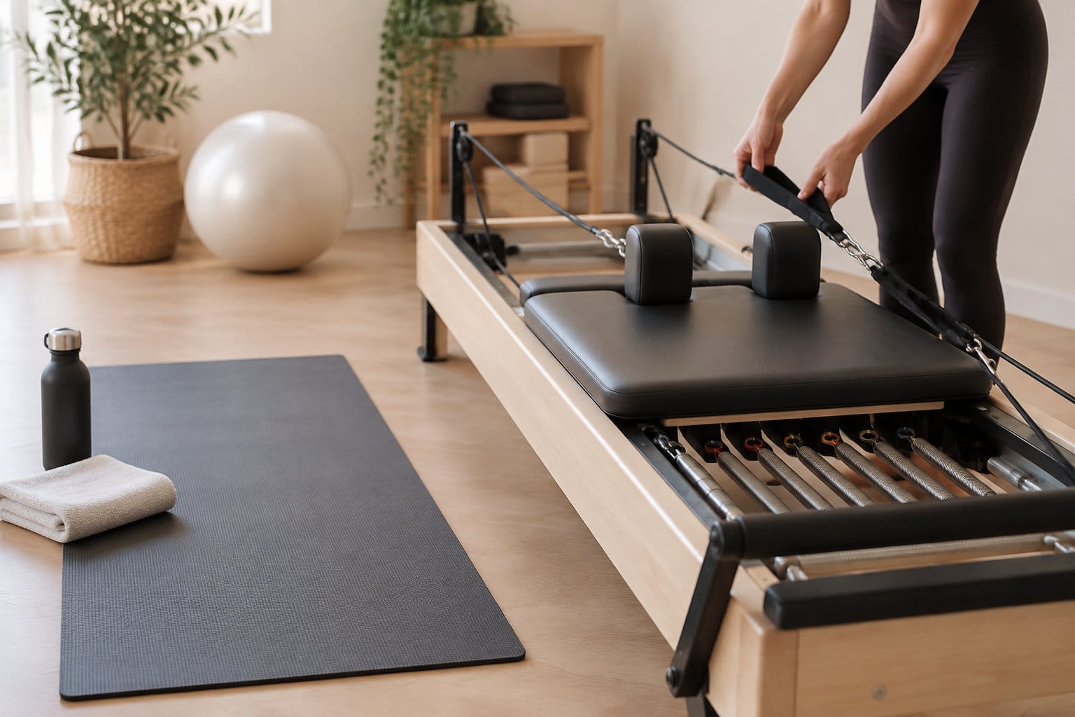 Une personne en tenue noire ajuste une sangle sur un appareil de Pilates dans une pièce lumineuse, près d’un tapis, d’une serviette et d’une bouteille.