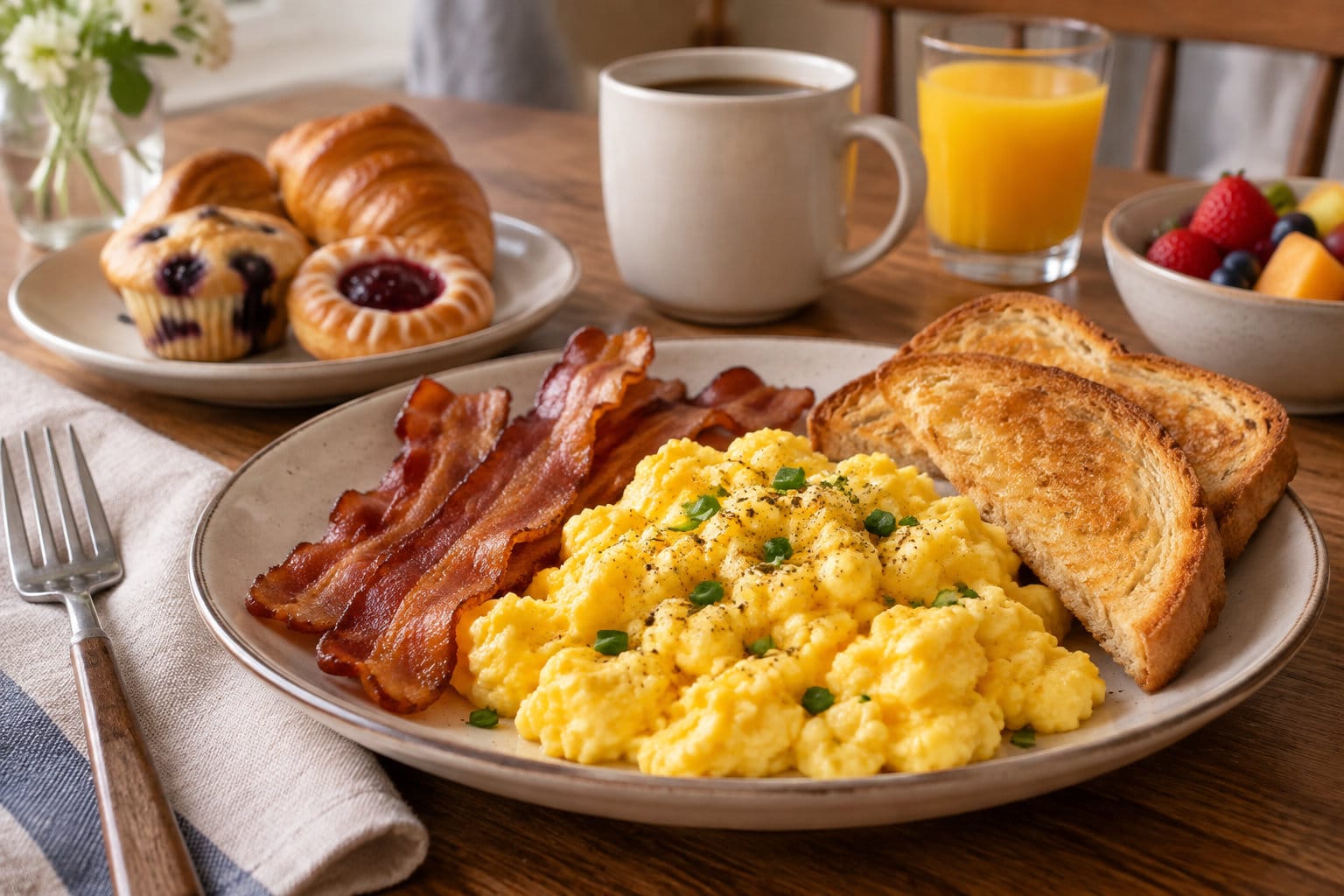 Une assiette d’œufs brouillés, de bacon et de pain grillé est servie avec des viennoiseries, des fruits, une tasse de café et un verre de jus d’orange.