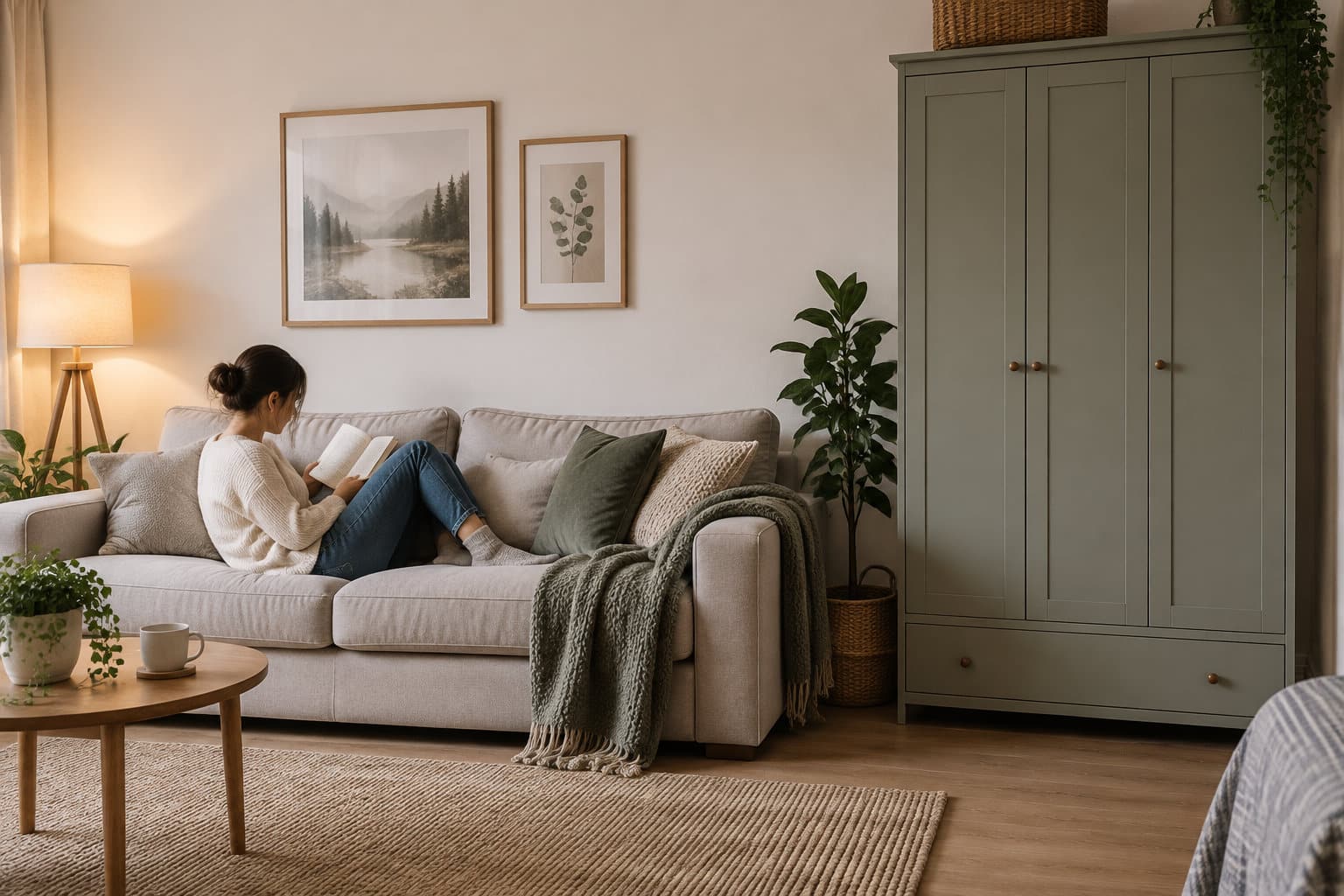 Une femme lit un livre assise sur un canapé dans un salon chaleureux, décoré de plantes, d’un lampadaire et d’une grande armoire.