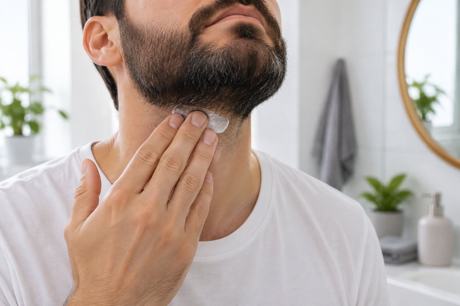 Un homme applique une crème sur son cou, sous sa barbe, dans une salle de bains.
