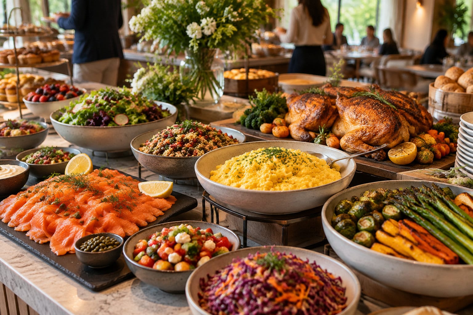 Un buffet présente des plats variés, notamment du saumon, des salades, des légumes rôtis et des volailles, tandis que des convives sont assis à l’arrière-plan.