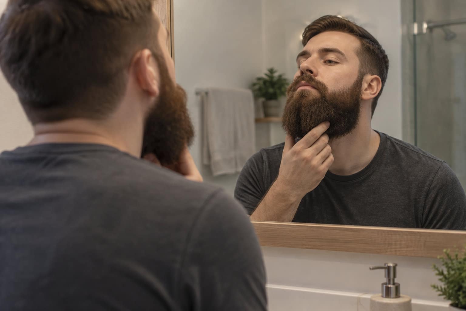 Un homme barbu se regarde dans le miroir et touche sa barbe dans une salle de bains.