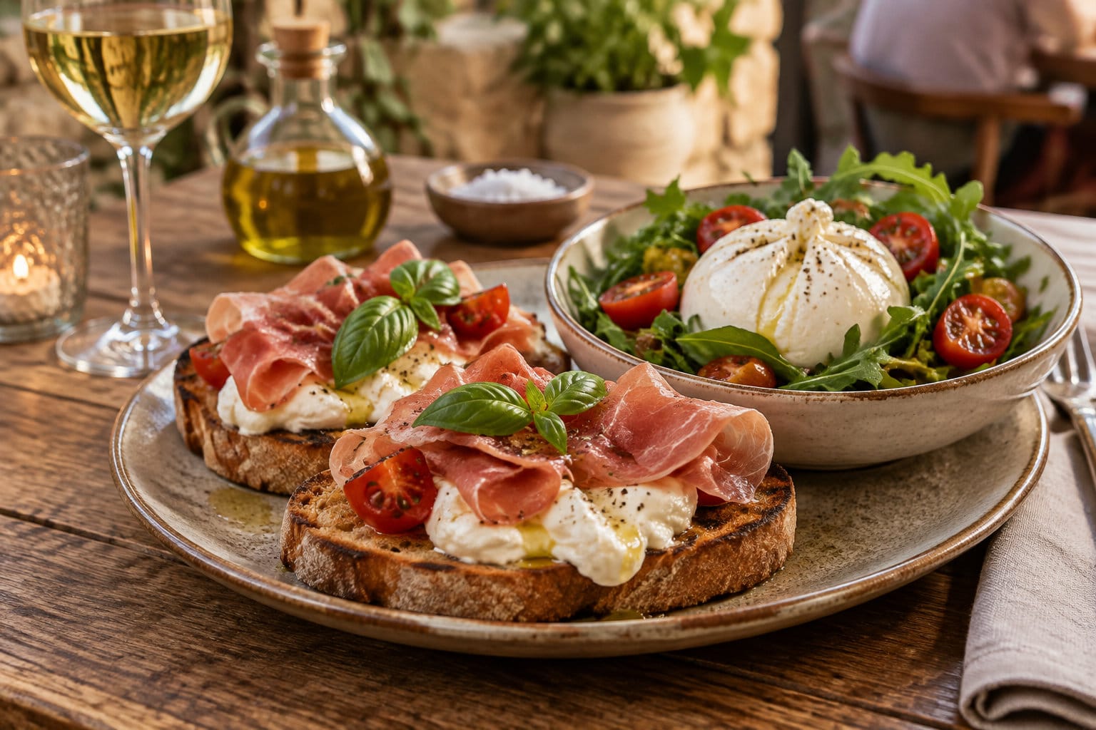 Deux tartines garnies de fromage frais, de jambon cru, de tomates et de basilic sont servies avec une salade de roquette et de tomates cerises, accompagnées d’un verre de vin blanc.