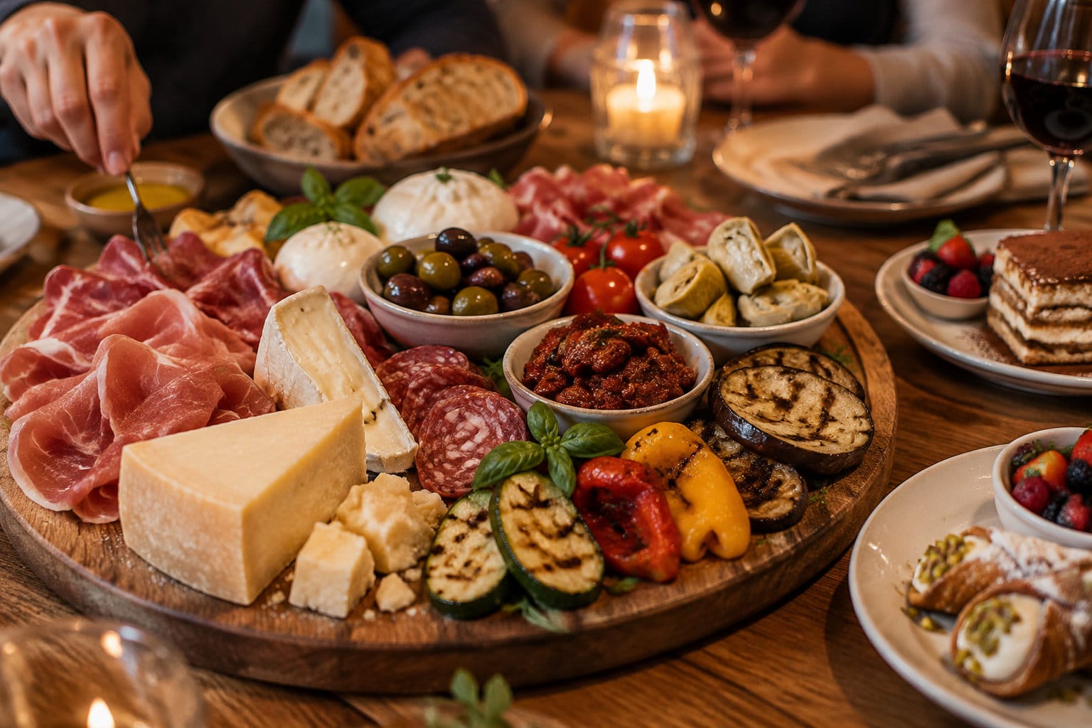 Une grande planche garnie de charcuteries, de fromages, d’olives, de légumes grillés et de petits bols est disposée sur une table éclairée à la bougie.