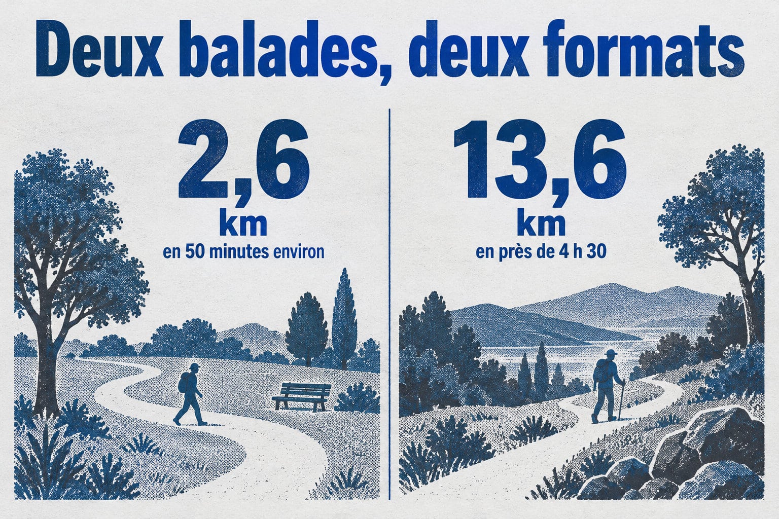 La balade courte fait 2,6 km en 50 minutes environ ; la longue fait 13,6 km en près de 4 h 30.