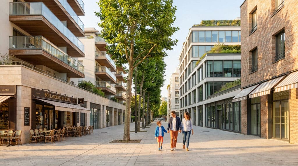 Une famille se promène dans une rue piétonne bordée d'immeubles modernes et d'une boulangerie à Boulogne-Billancourt.