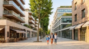 Une famille se promène dans une rue piétonne bordée d'immeubles modernes et d'une boulangerie à Boulogne-Billancourt.