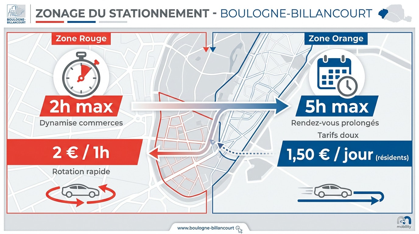 Carte du zonage de stationnement zone rouge et orange à Boulogne-Billancourt